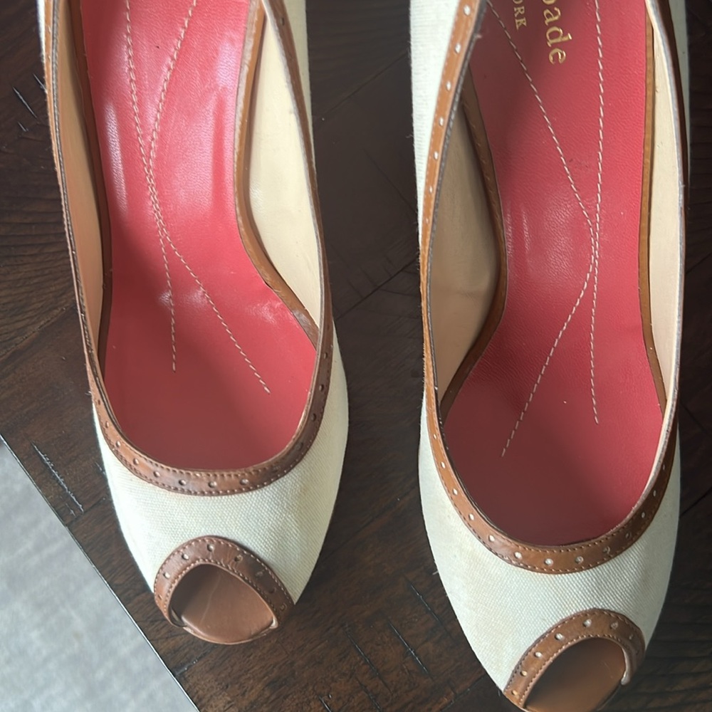 Kate Spade Cream and Brown Peep Toe Heels - Picture 14 of 16